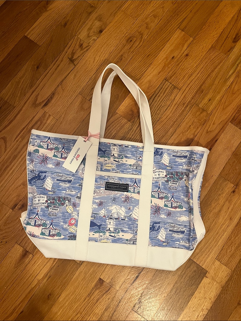 Vineyard Vines Blue and White Coastal Print Canvas Tote